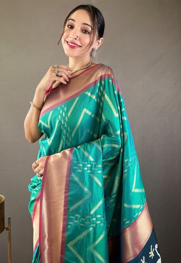 Ideal Turquoise Color Silk Fabric Partywear Saree
