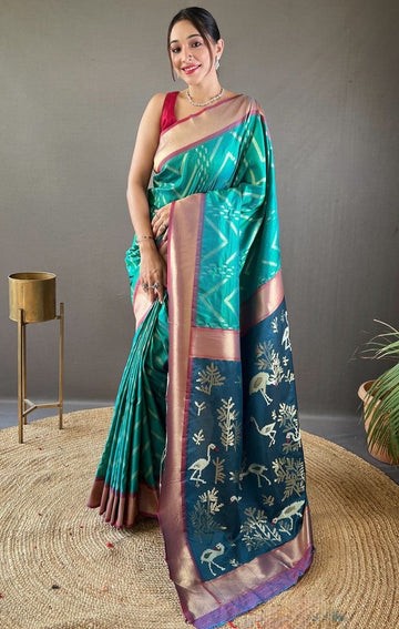 Ideal Turquoise Color Silk Fabric Partywear Saree