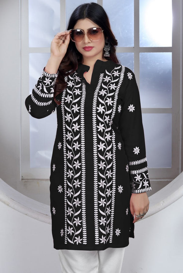Amazing Black Color Rayon Fabric Casual Kurti With Bottom