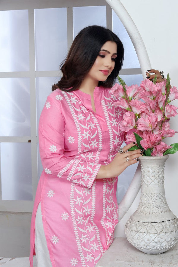 Amazing Pink Color Rayon Fabric Casual Kurti With Bottom