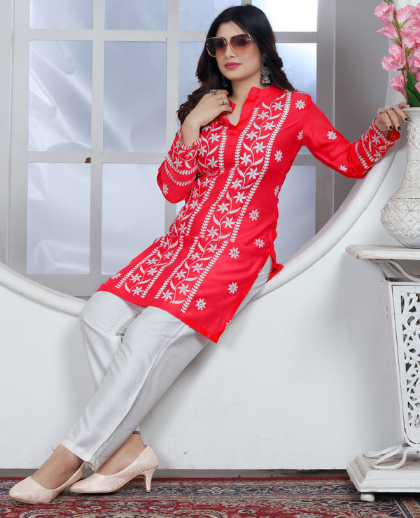 Amazing Red Color Rayon Fabric Casual Kurti With Bottom