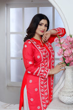 Amazing Red Color Rayon Fabric Casual Kurti With Bottom