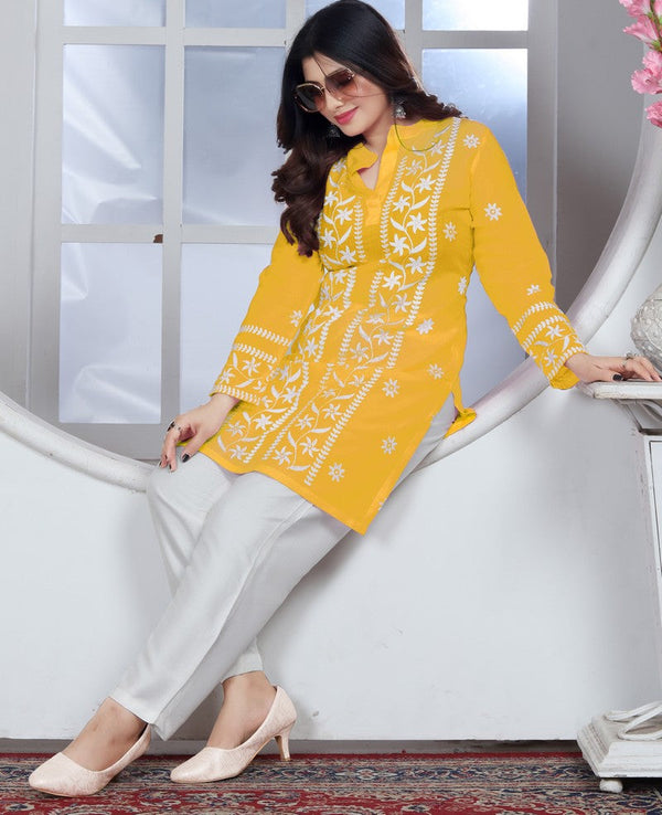 Amazing Yellow Color Rayon Fabric Casual Kurti With Bottom