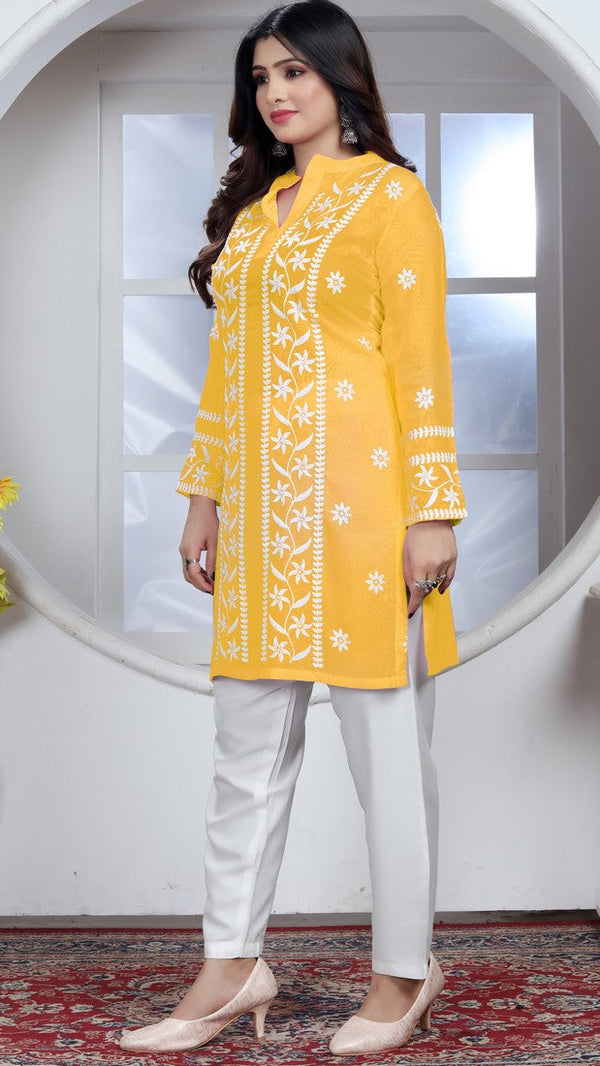 Amazing Yellow Color Rayon Fabric Casual Kurti With Bottom