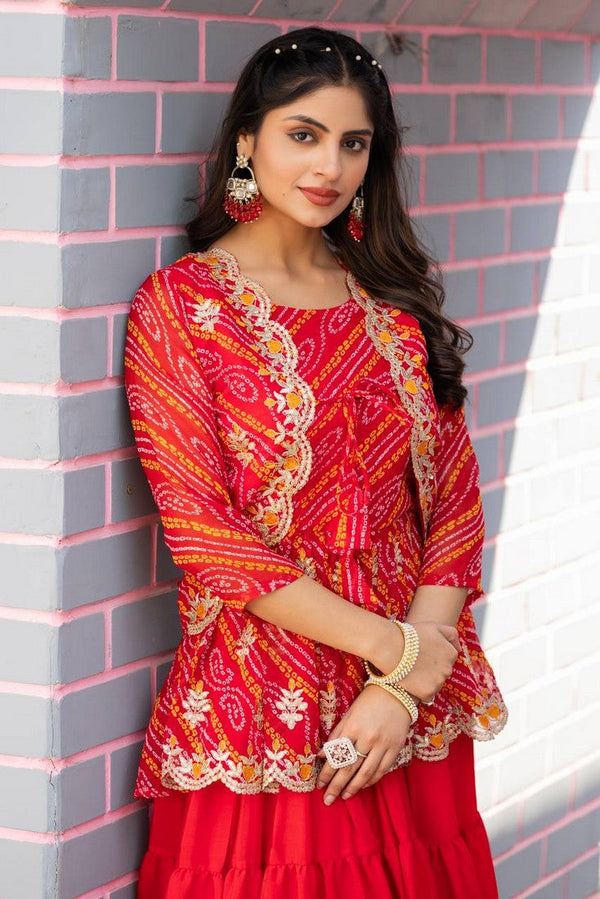 Beautiful Red Color Bandhej Fabric Designer Suit