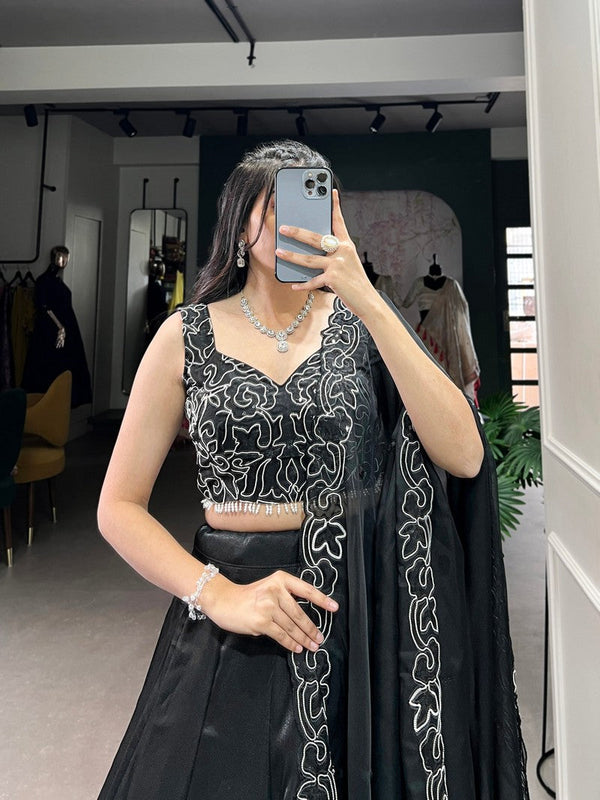 Amazing Black Color Satin Fabric Designer Lehenga