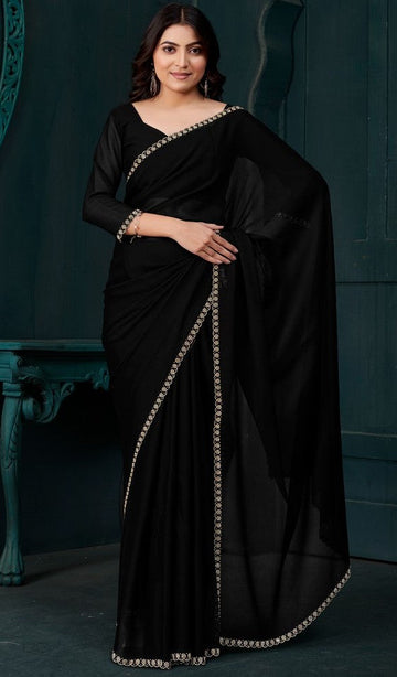 Lovely Black Color Satin Fabric Designer Saree