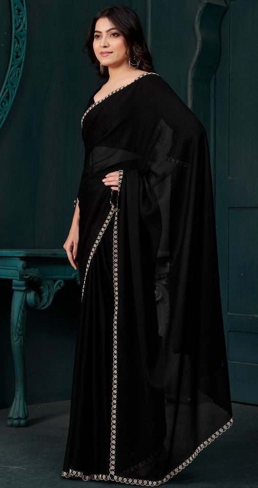 Lovely Black Color Satin Fabric Designer Saree