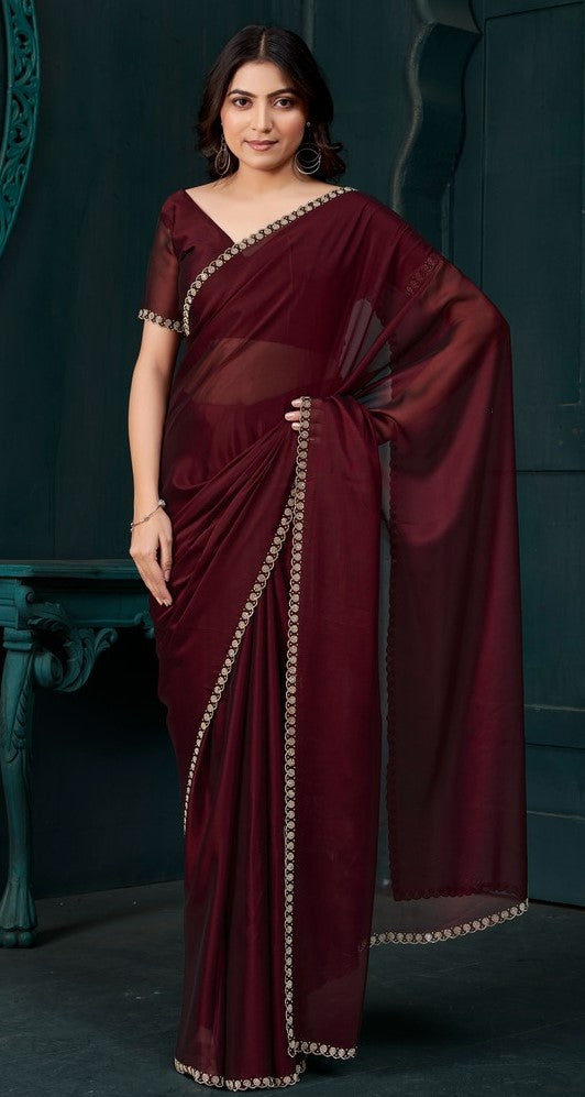 Lovely Maroon Color Satin Fabric Designer Saree