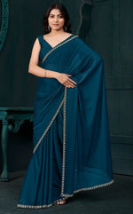 Lovely Teal Color Satin Fabric Designer Saree