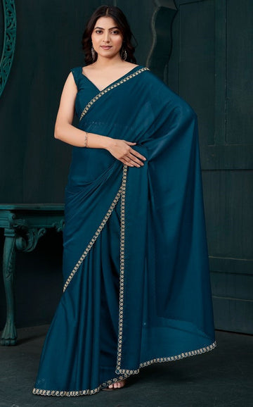 Lovely Teal Color Satin Fabric Designer Saree