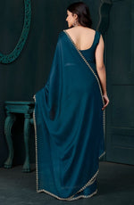 Lovely Teal Color Satin Fabric Designer Saree
