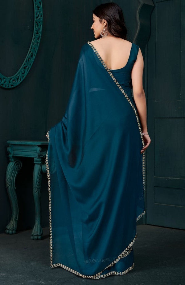 Lovely Teal Color Satin Fabric Designer Saree