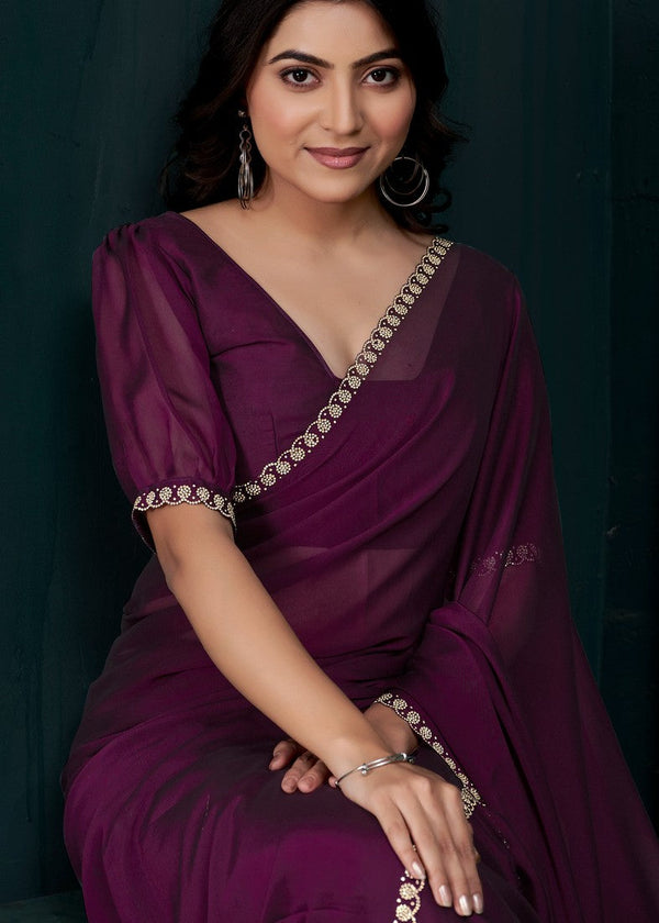 Lovely Wine Color Satin Fabric Designer Saree