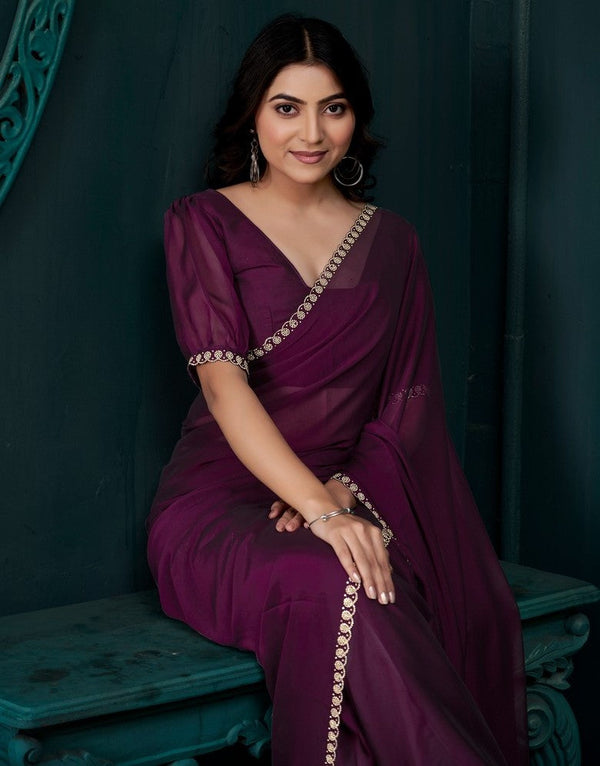 Lovely Wine Color Satin Fabric Designer Saree