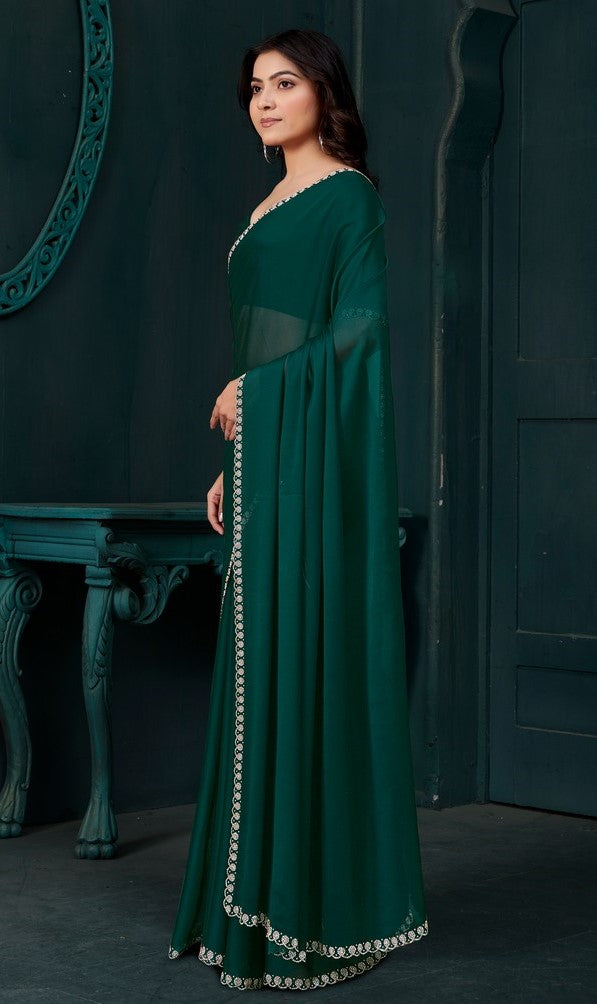 Lovely Green Color Satin Fabric Designer Saree