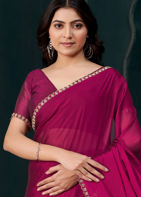 Lovely Magenta Color Satin Fabric Designer Saree