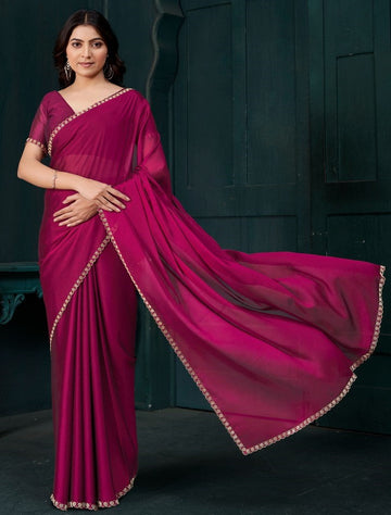 Lovely Magenta Color Satin Fabric Designer Saree