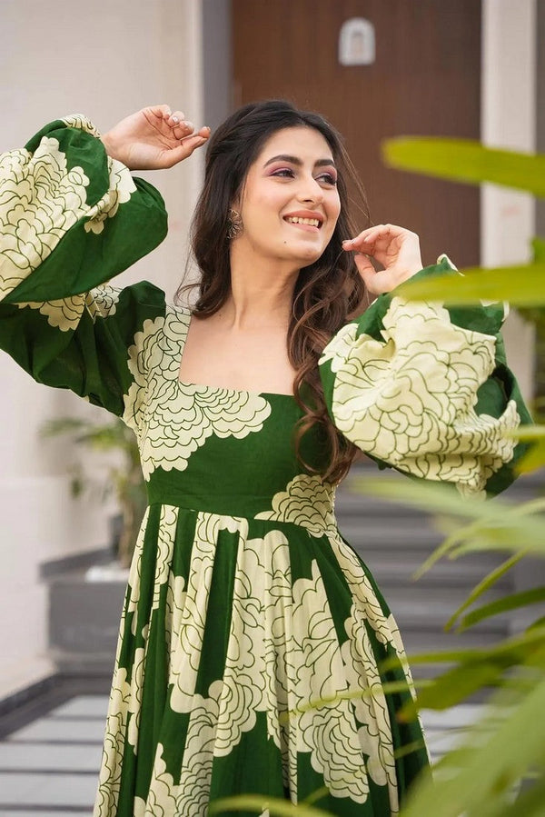 Glowing Green Color Rayon Fabric Gown