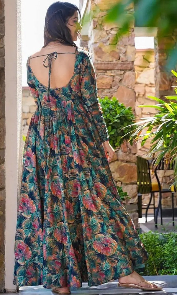 Glowing Green Color Rayon Fabric Gown