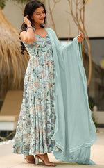 Glowing Aqua Color Rayon Fabric Gown