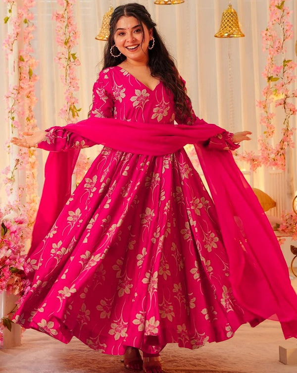Glowing Pink Color Rayon Fabric Gown