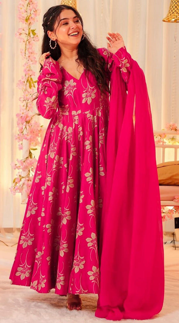 Glowing Pink Color Rayon Fabric Gown