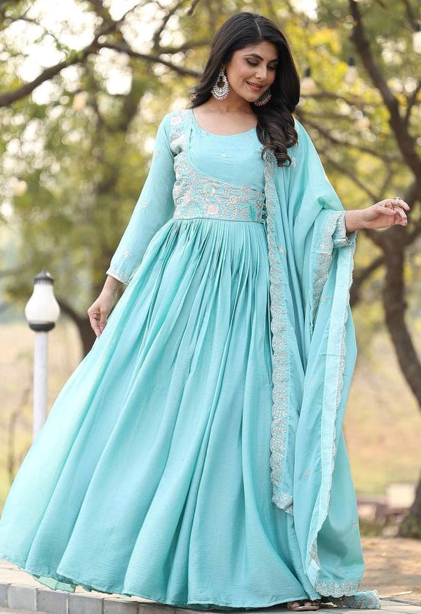 Striking Aqua Color Chinon Fabric Gown