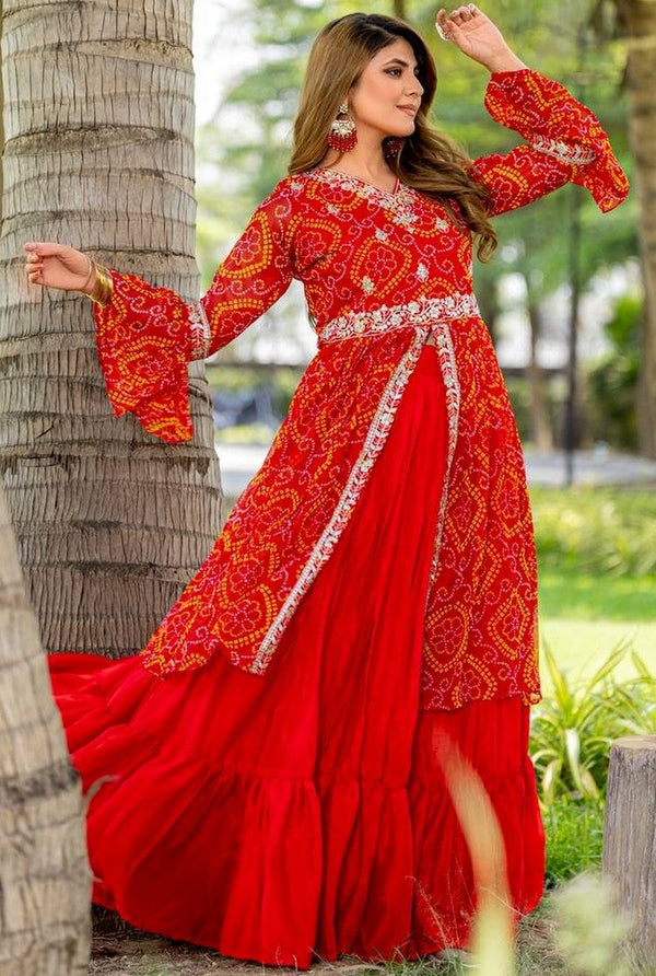 Lovely Orange Color Chinon Fabric Party Wear Lehenga