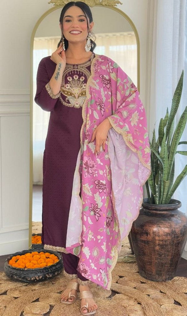 Amazing Wine Color Viscose Fabric Designer Suit