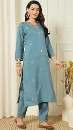 Amazing Grey Color Chanderi Fabric Designer Suit