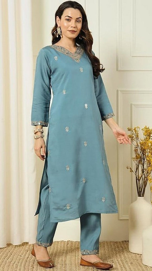 Amazing Grey Color Chanderi Fabric Designer Suit