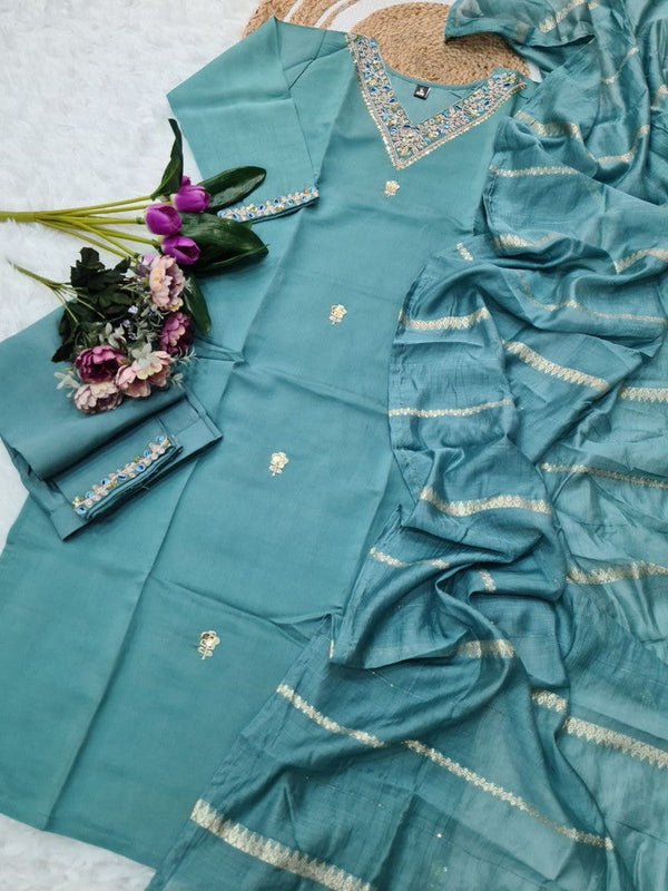 Amazing Grey Color Chanderi Fabric Designer Suit