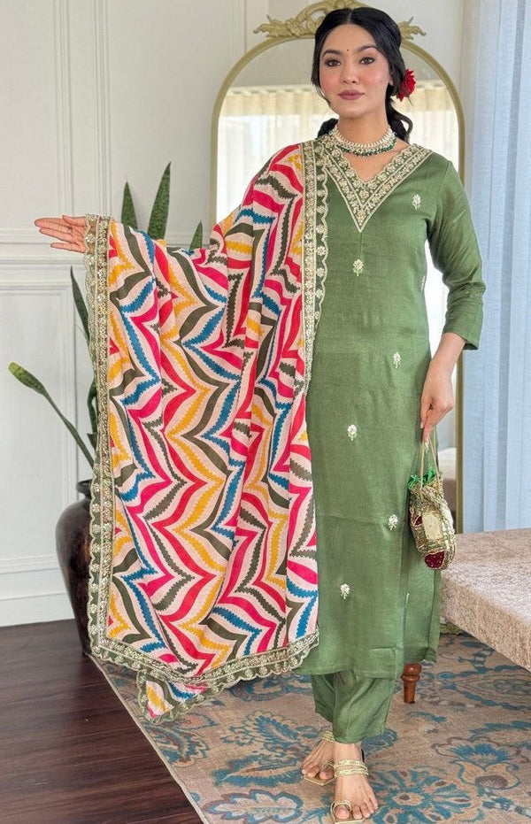 Amazing Green Color Viscose Fabric Designer Suit