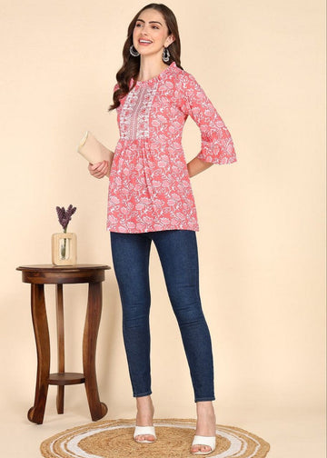 Amazing Red Color Cotton Fabric Casual Kurti