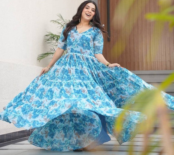 Striking Aqua Color Georgette Fabric Gown