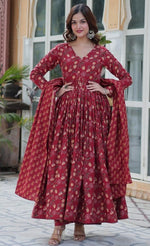 Magnetic Maroon Color Cotton Fabric Gown
