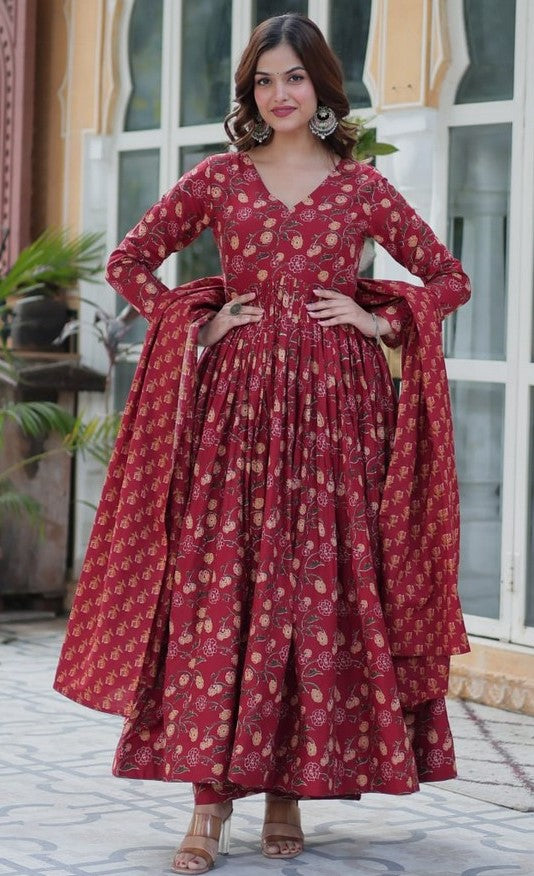 Magnetic Maroon Color Cotton Fabric Gown