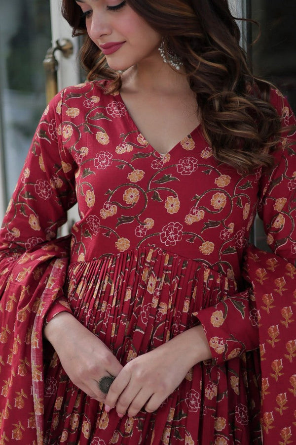 Magnetic Maroon Color Cotton Fabric Gown