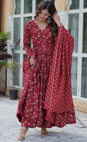 Magnetic Maroon Color Cotton Fabric Gown