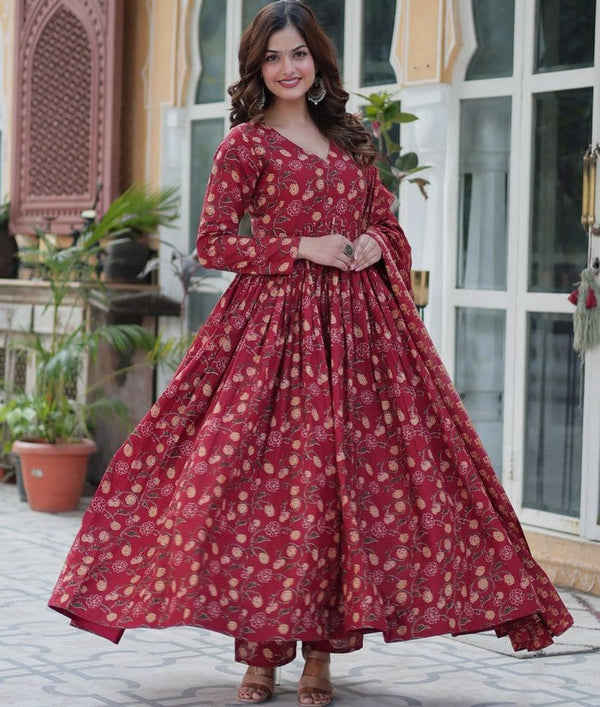 Magnetic Maroon Color Cotton Fabric Gown
