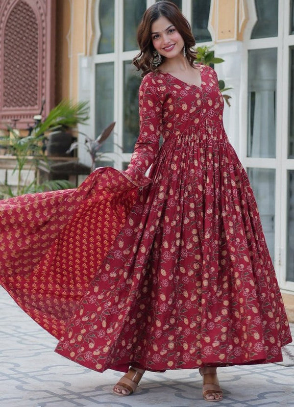 Magnetic Maroon Color Cotton Fabric Gown