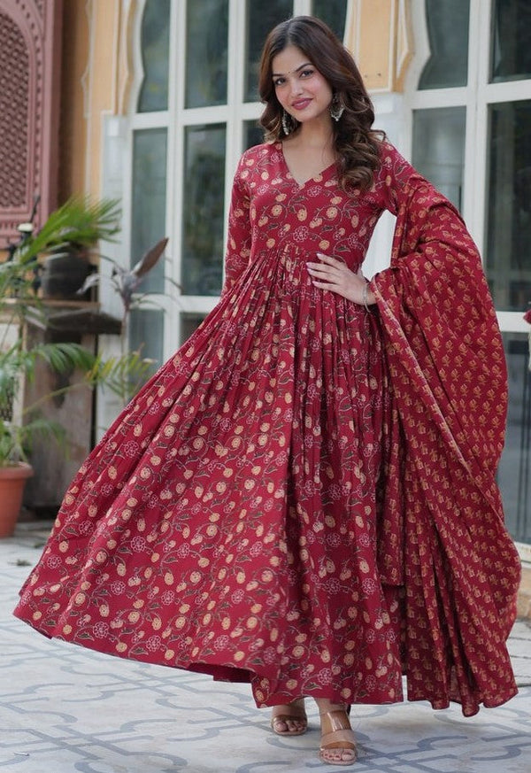 Magnetic Maroon Color Cotton Fabric Gown