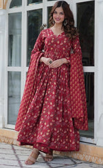 Magnetic Maroon Color Cotton Fabric Gown