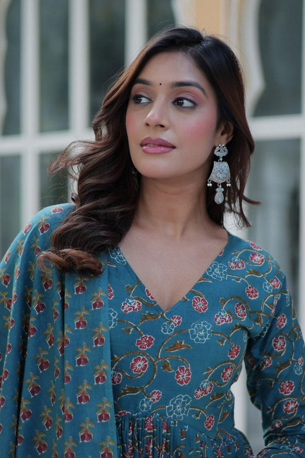 Magnetic Turquoise Color Cotton Fabric Gown