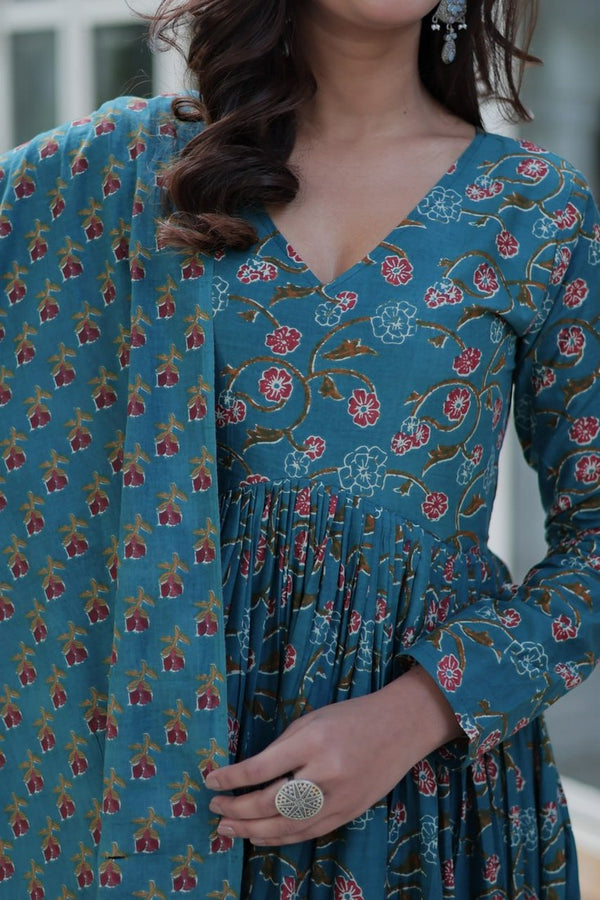 Magnetic Turquoise Color Cotton Fabric Gown