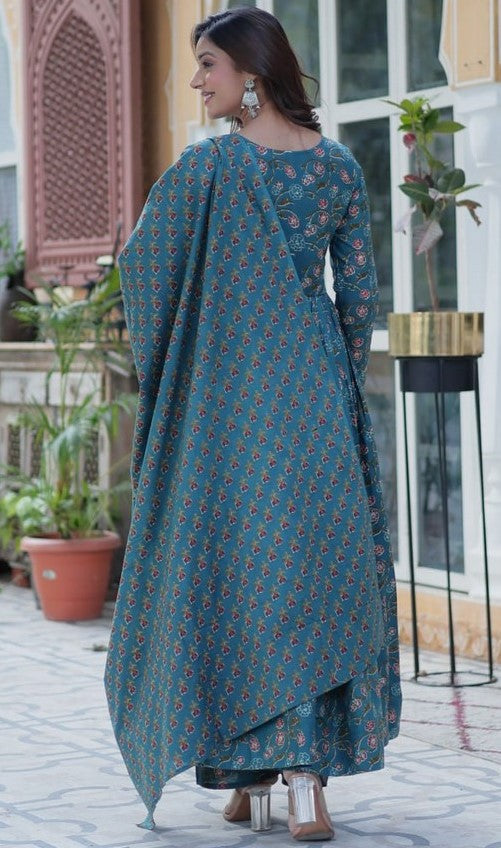 Magnetic Turquoise Color Cotton Fabric Gown