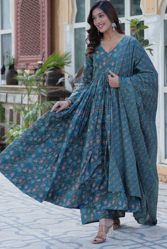 Magnetic Turquoise Color Cotton Fabric Gown