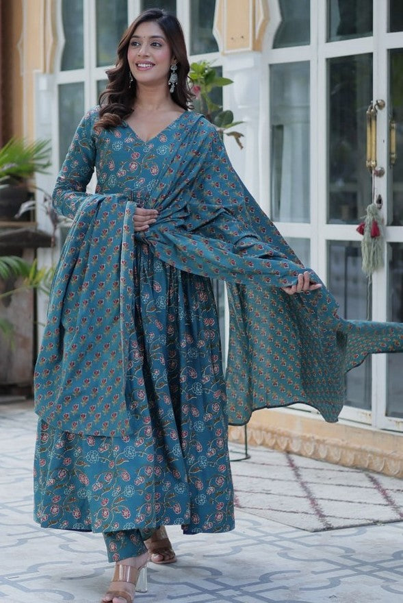 Magnetic Turquoise Color Cotton Fabric Gown