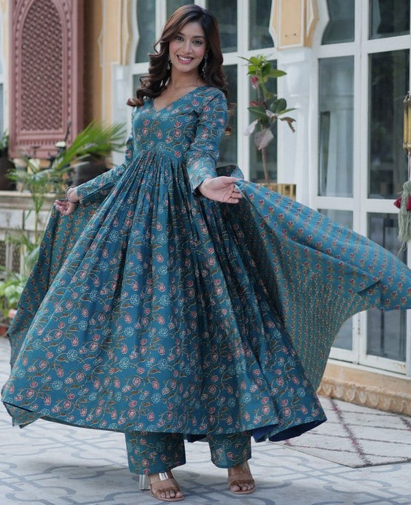 Magnetic Turquoise Color Cotton Fabric Gown